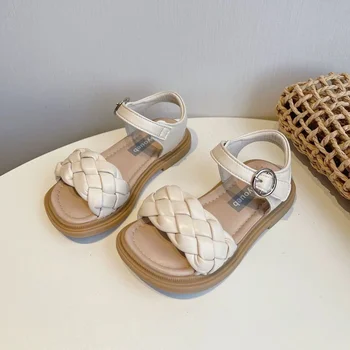 Нови обувки за малки деца момиче лято плетен ваканция площад пръсти сладък детски сандали бежово жълто 21-36 Pu кожа мода деца