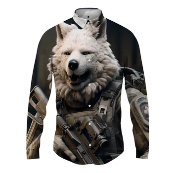 Пролет Есен Висококачествена риза с дълъг ръкав Улична модна риза Wolf 3D отпечатана риза Мъжка свободна ежедневна риза с голям размер