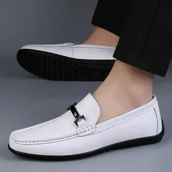 размер 46 Бели мъжки мокасини 2023 Есен Ново приплъзване на мъжки ежедневни кожени обувки Меки и удобни ежедневни плоски обувки Zapatos