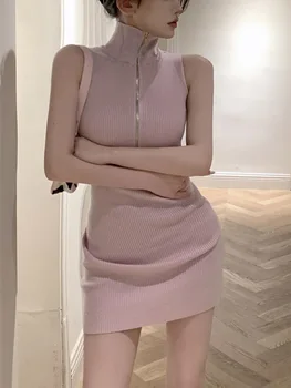 Розов елегантен цип плетен пуловер къса рокля жена тънък секси мини рокля парти едно парче рокля корейска мода 2023 пролет