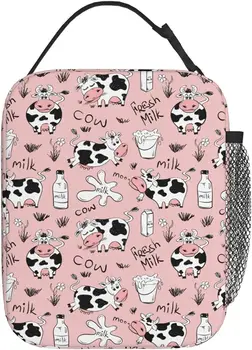Розови смешни крави и мляко обяд кутия изолирани обяд чанти цип охладител голяма пазарска чанта за тийнейджъри момичета момчета мъже жени офис пикник