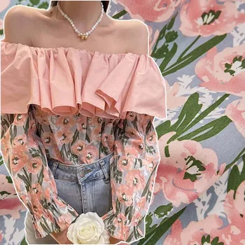 Розово цвете печат и боядисване памучен плат облекло рокля DIY риза лятна мода удобен плат марка плат за шиене