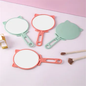 Сладка котка форма ръчен грим огледало преносим преносим носене на козметични малки огледало дръжка грим огледало грим инструменти за жени подарък