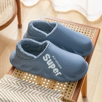 Унисекс вътрешен зимен дом водоустойчиви памучни чехли за мъже жени на открито случайни плюшени топли двойка половин обувки нехлъзгащи се космати