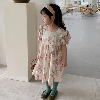 френски стил бебе момиче рокля 2023 лято нов ретро цвете отпечатани дантела принцеса рокли Сладки деца бебе момиче дрехи