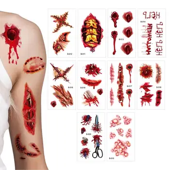 Хелоуин кървава рана татуировка стикери кръв реалистични зомби белези водоустойчив временно фалшив татуировка DIY за Хелоуин парти