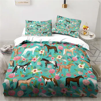 Цветен модел на коня през целия сезон Twin Bedding Set 3 Piece Утешител Комплект Легло Duvet Cover Двойно King Comforter Cover