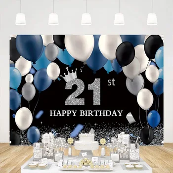 Черно и сребристо 21-ви рожден ден фон флот синьо и бяло балони корона снимка фон парти декорация двадесет и един банер