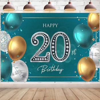 Честит 20-ти рожден ден банер зелен сребърен фон 20 години фон за фотография декорации Парти консумативи Фото щанд